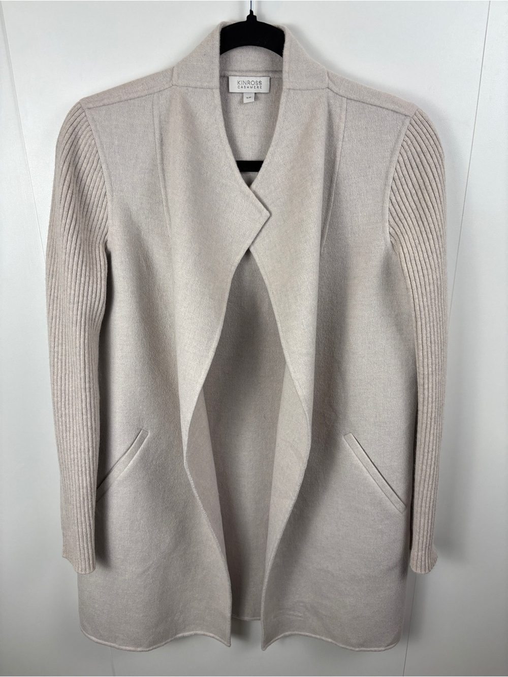 Kinross Cashmere Open Front Jacket Light Silver Grey Long Line sz S Sweater Coat